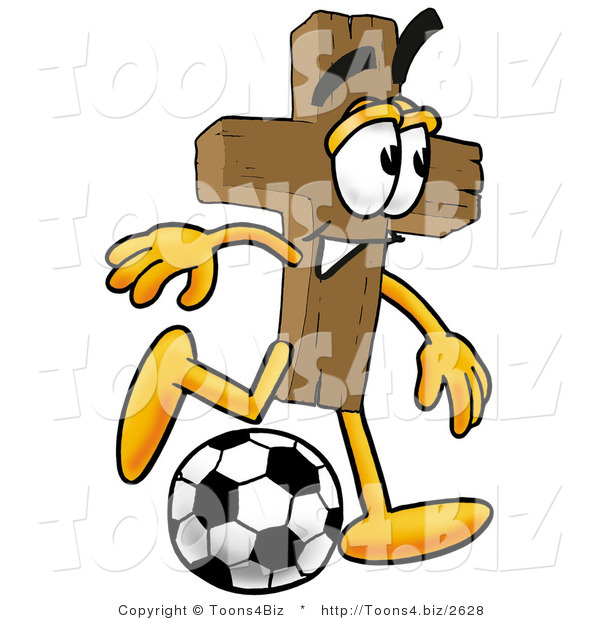Illustration of a Cartoon Christian Cross Mascot Kicking a Soccer Ball
