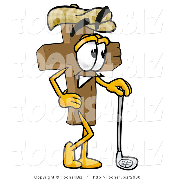 Illustration of a Cartoon Christian Cross Mascot Leaning on a Golf Club While Golfing