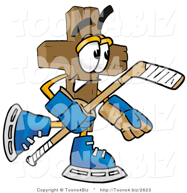 Illustration of a Cartoon Christian Cross Mascot Playing Ice Hockey
