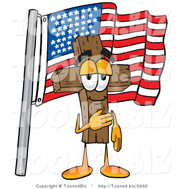 Illustration of a Cartoon Christian Cross Mascot Pledging Allegiance to an American Flag