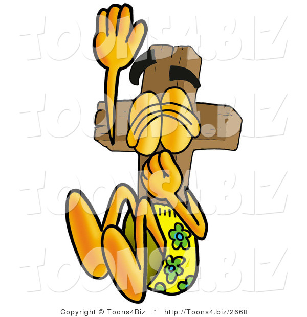 Illustration of a Cartoon Christian Cross Mascot Plugging His Nose While Jumping into Water