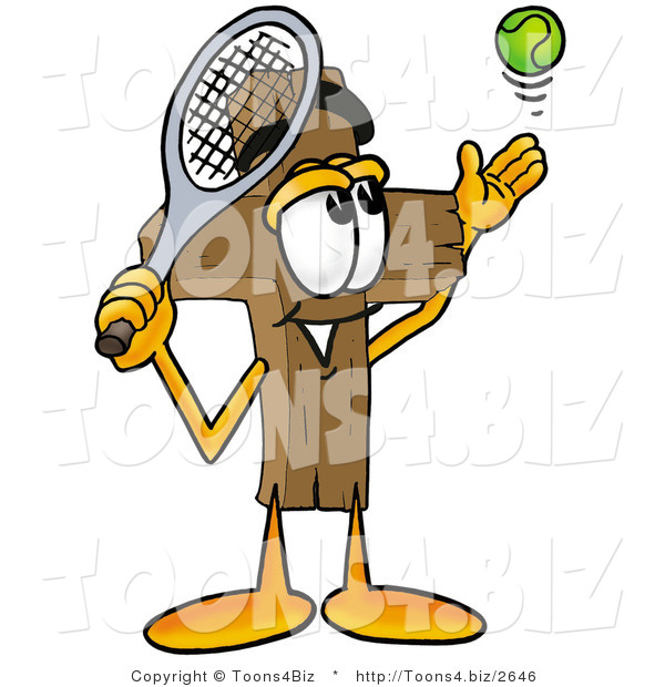 Illustration of a Cartoon Christian Cross Mascot Preparing to Hit a Tennis Ball