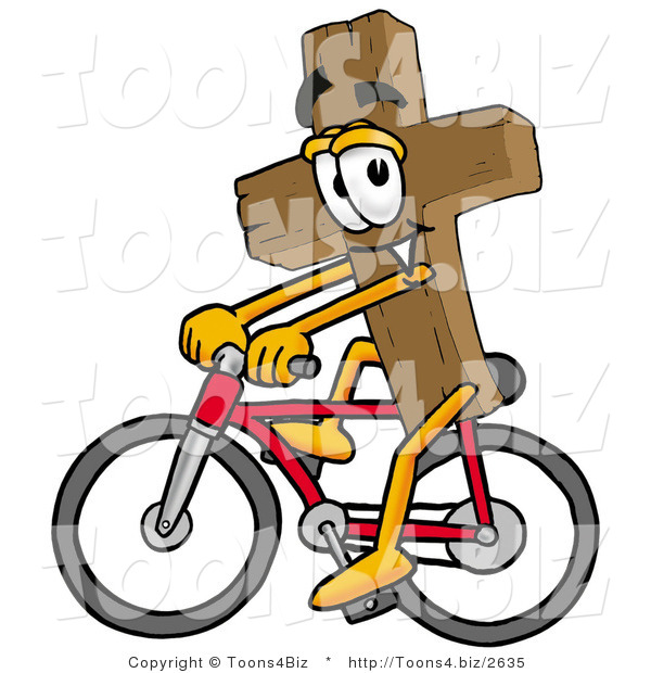 Illustration of a Cartoon Christian Cross Mascot Riding a Bicycle