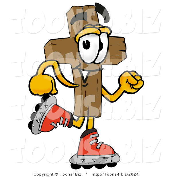 Illustration of a Cartoon Christian Cross Mascot Roller Blading on Inline Skates