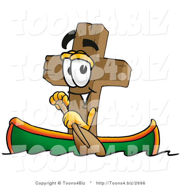 Illustration of a Cartoon Christian Cross Mascot Rowing a Boat