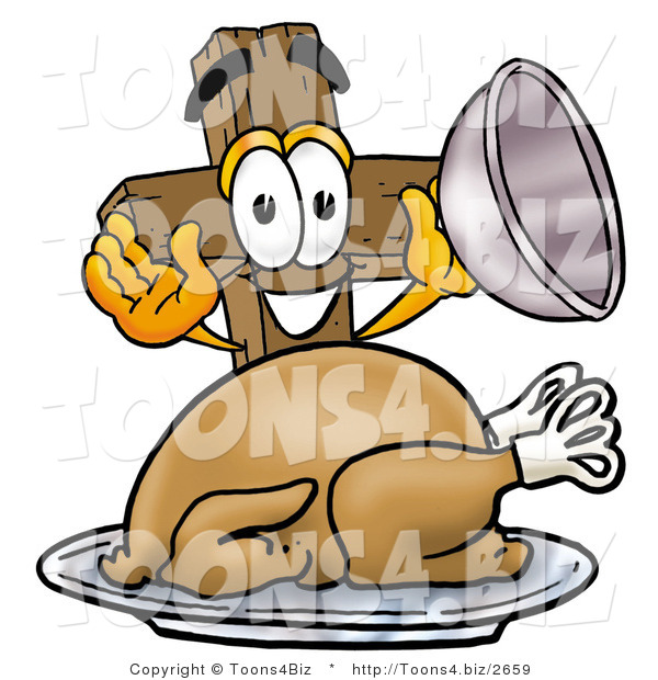Illustration of a Cartoon Christian Cross Mascot Serving a Thanksgiving Turkey on a Platter