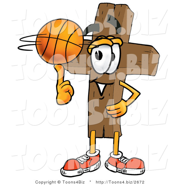 Illustration of a Cartoon Christian Cross Mascot Spinning a Basketball on His Finger
