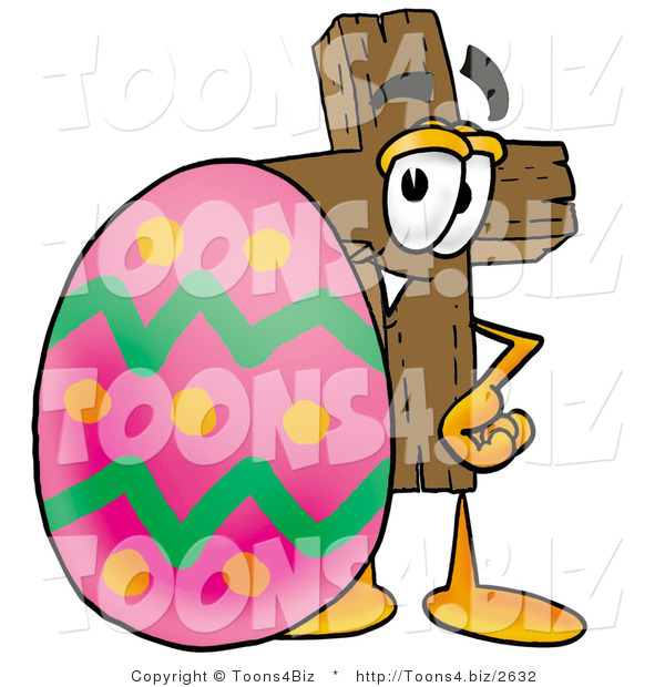 Illustration of a Cartoon Christian Cross Mascot Standing Beside an Easter Egg