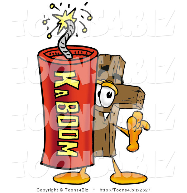 Illustration of a Cartoon Christian Cross Mascot Standing with a Lit Stick of Dynamite