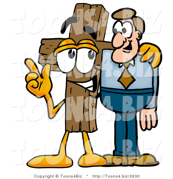 Illustration of a Cartoon Christian Cross Mascot Talking to a Business Man
