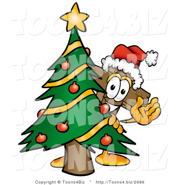 Illustration of a Cartoon Christian Cross Mascot Waving and Standing by a Decorated Christmas Tree