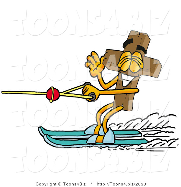 Illustration of a Cartoon Christian Cross Mascot Waving While Water Skiing
