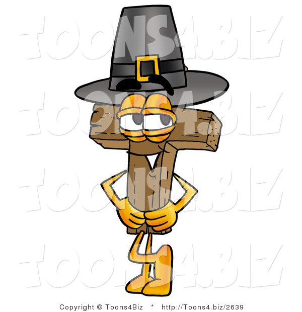 Illustration of a Cartoon Christian Cross Mascot Wearing a Pilgrim Hat on Thanksgiving