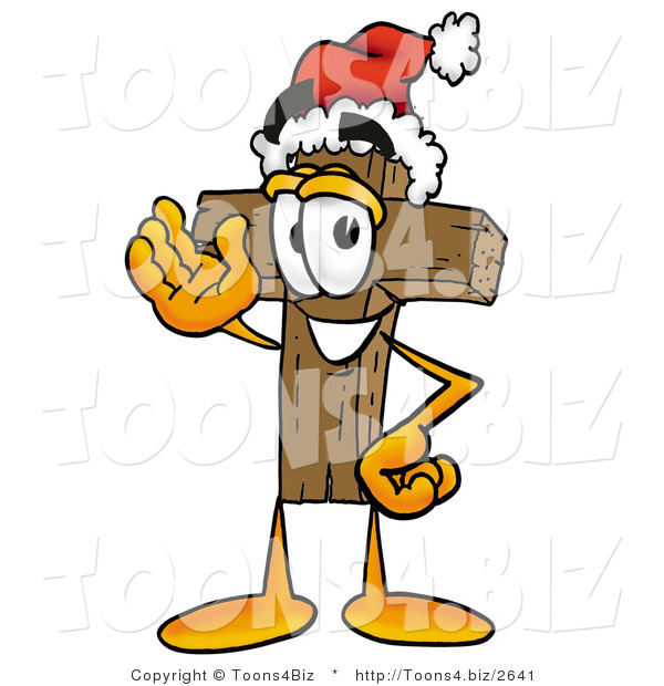 Illustration of a Cartoon Christian Cross Mascot Wearing a Santa Hat and Waving