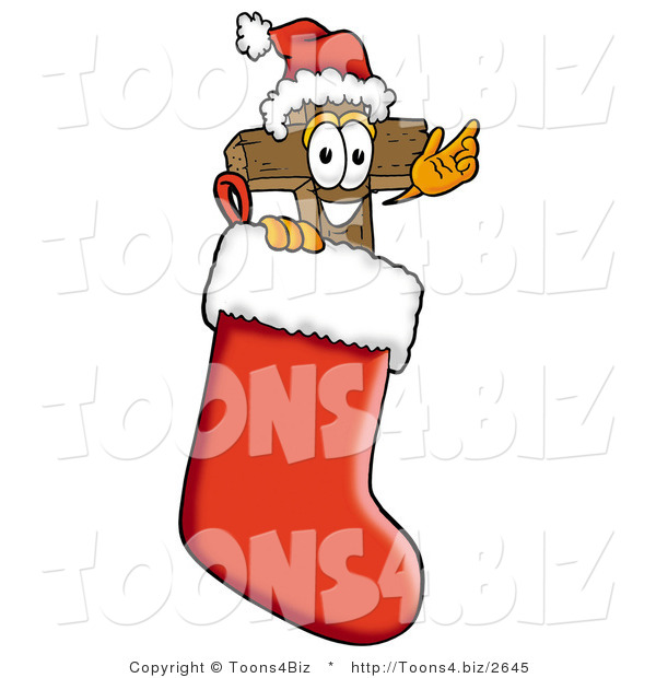 Illustration of a Cartoon Christian Cross Mascot Wearing a Santa Hat Inside a Red Christmas Stocking