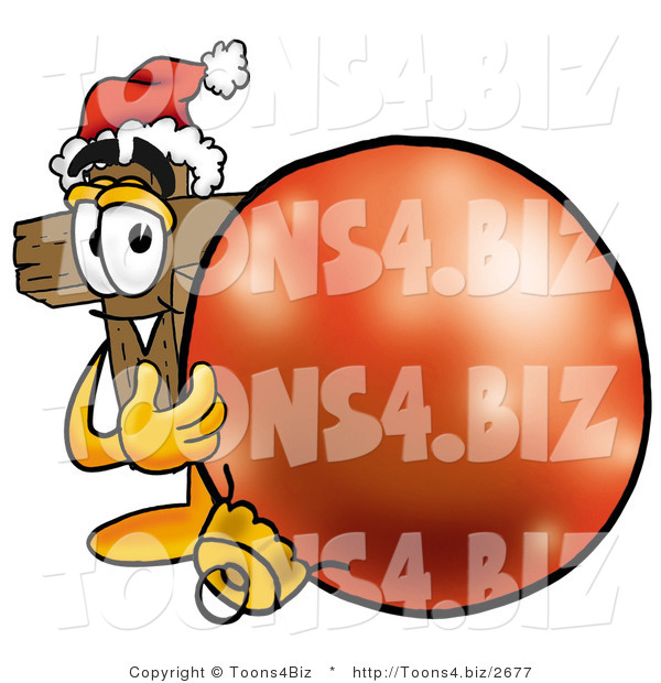 Illustration of a Cartoon Christian Cross Mascot Wearing a Santa Hat, Standing with a Christmas Bauble