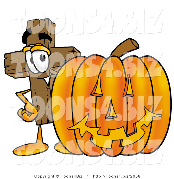 Illustration of a Cartoon Christian Cross Mascot with a Carved Halloween Pumpkin