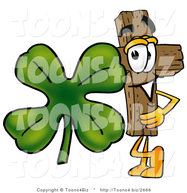 Illustration of a Cartoon Christian Cross Mascot with a Green Four Leaf Clover on St Paddy's or St Patricks Day