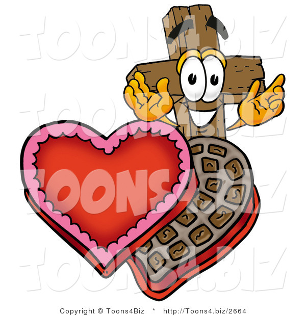 Illustration of a Cartoon Christian Cross Mascot with an Open Box of Valentines Day Chocolate Candies