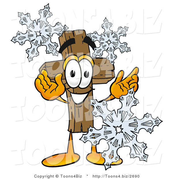 Illustration of a Cartoon Christian Cross Mascot with Three Snowflakes in Winter