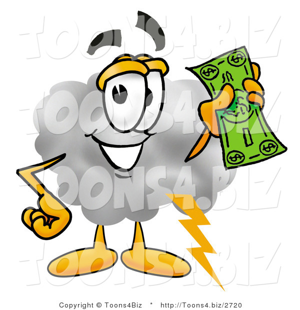 Illustration of a Cartoon Cloud Mascot Holding a Dollar Bill