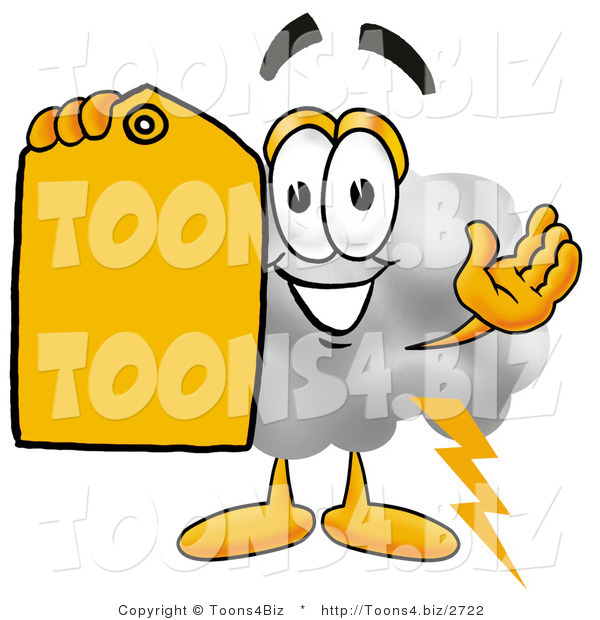 Illustration of a Cartoon Cloud Mascot Holding a Yellow Sales Price Tag