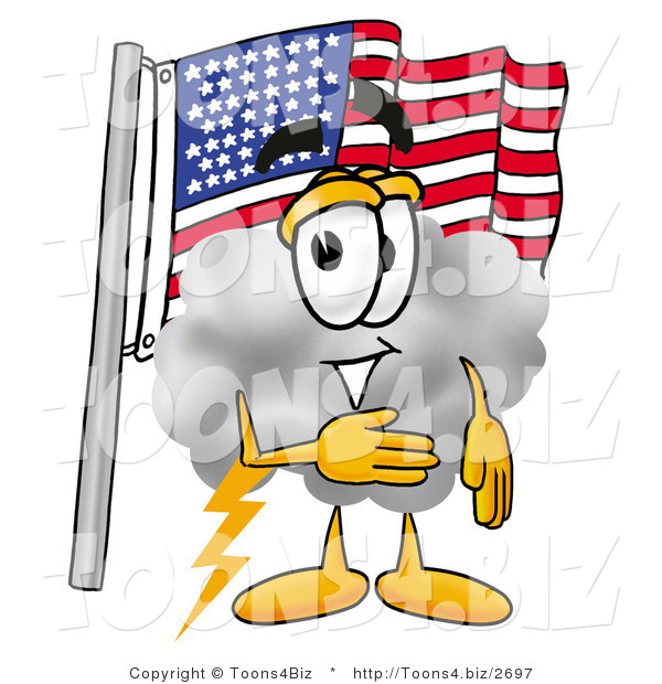 Illustration of a Cartoon Cloud Mascot Pledging Allegiance to an American Flag