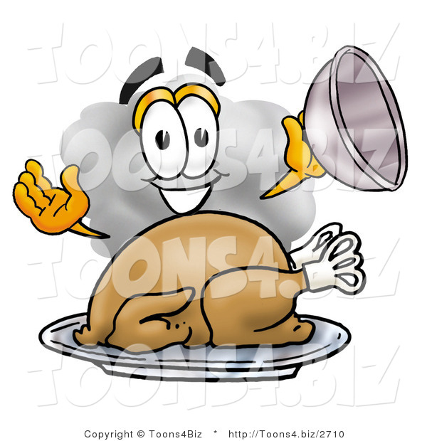 Illustration of a Cartoon Cloud Mascot Serving a Thanksgiving Turkey on a Platter