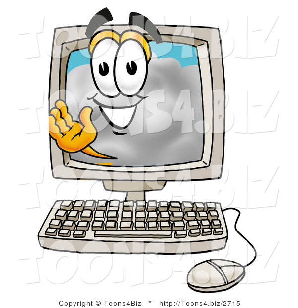 Illustration of a Cartoon Cloud Mascot Waving from Inside a Computer Screen