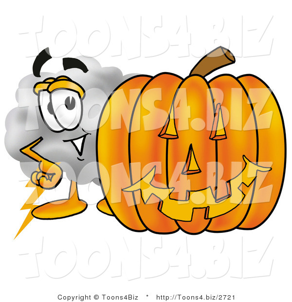 Illustration of a Cartoon Cloud Mascot with a Carved Halloween Pumpkin