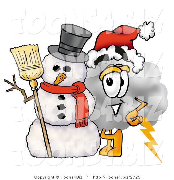 Illustration of a Cartoon Cloud Mascot with a Snowman on Christmas