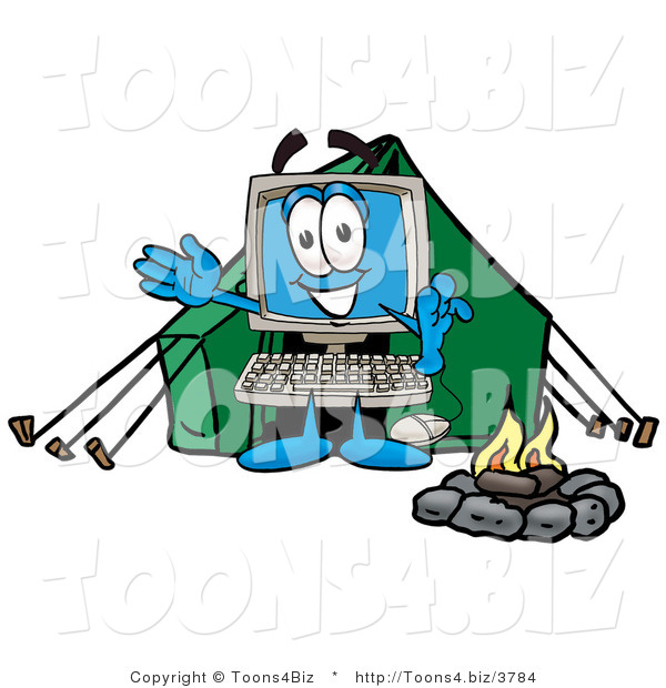 Illustration of a Cartoon Computer Mascot Camping with a Tent and Fire
