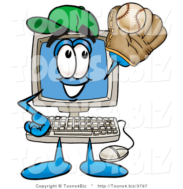 Illustration of a Cartoon Computer Mascot Catching a Baseball with a Glove