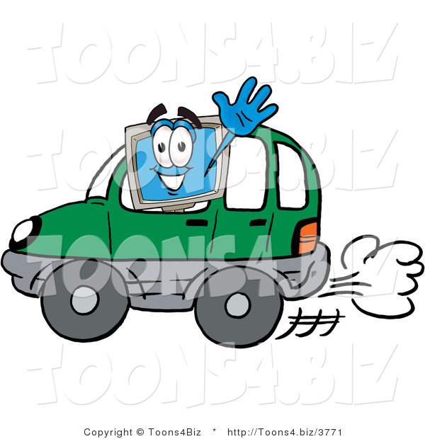 Illustration of a Cartoon Computer Mascot Driving a Green Car and Waving