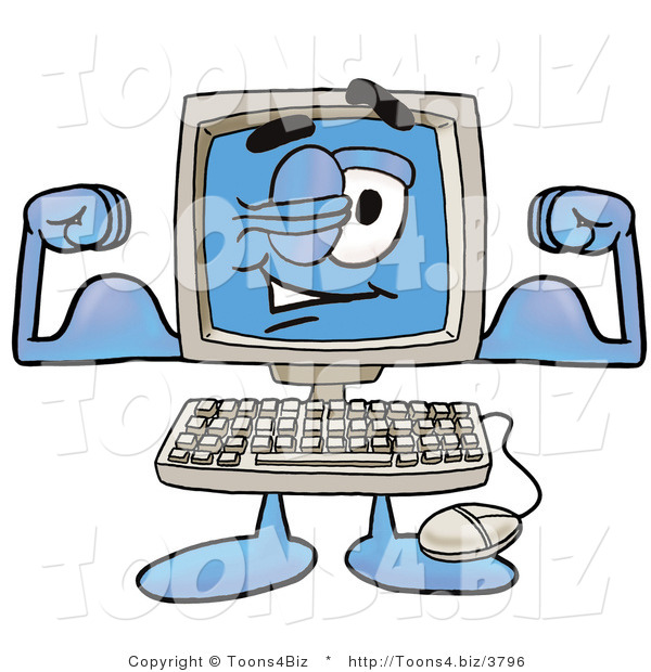 Illustration of a Cartoon Computer Mascot Flexing His Arm Muscles