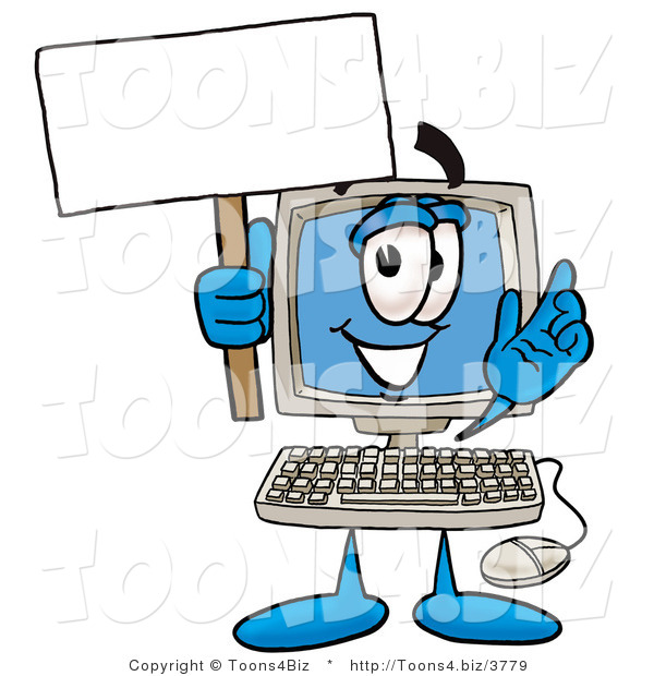 Illustration of a Cartoon Computer Mascot Holding a Blank Sign