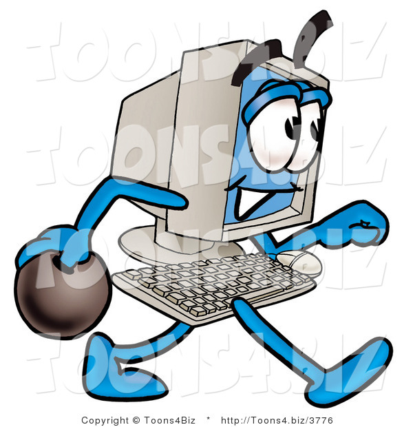 Illustration of a Cartoon Computer Mascot Holding a Bowling Ball