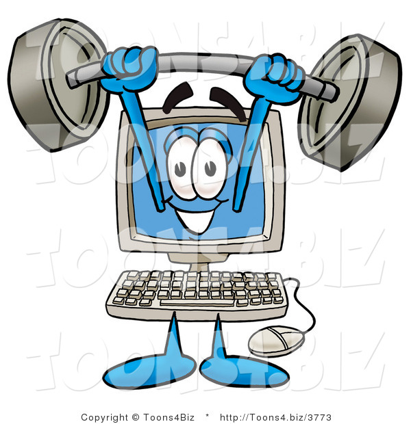 Illustration of a Cartoon Computer Mascot Holding a Heavy Barbell Above His Head
