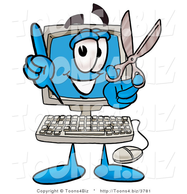 Illustration of a Cartoon Computer Mascot Holding a Pair of Scissors