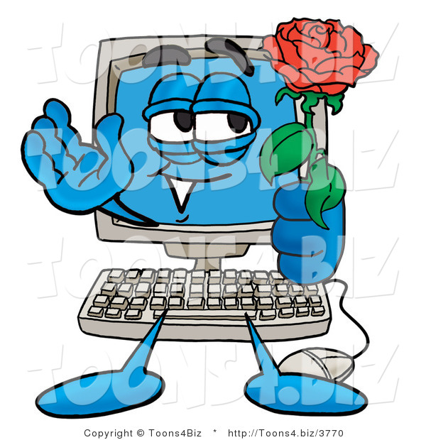 Illustration of a Cartoon Computer Mascot Holding a Red Rose on Valentines Day