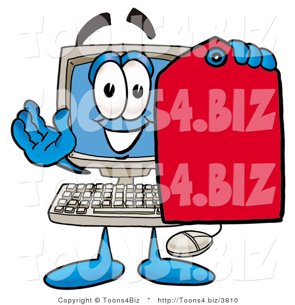 Illustration of a Cartoon Computer Mascot Holding a Red Sales Price Tag