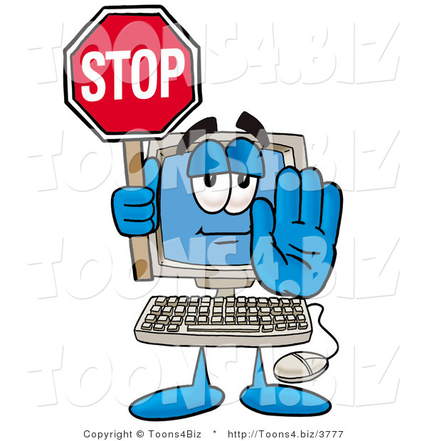 Illustration of a Cartoon Computer Mascot Holding a Stop Sign