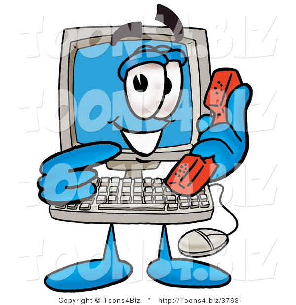 Illustration of a Cartoon Computer Mascot Holding a Telephone