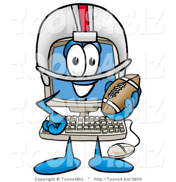 Illustration of a Cartoon Computer Mascot in a Helmet, Holding a Football