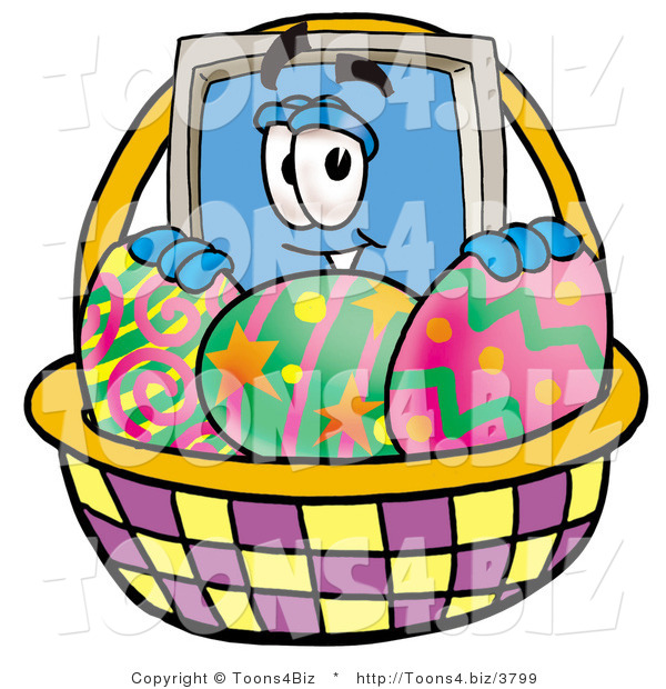 Illustration of a Cartoon Computer Mascot in an Easter Basket Full of Decorated Easter Eggs
