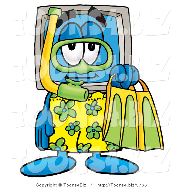 Illustration of a Cartoon Computer Mascot in Green and Yellow Snorkel Gear