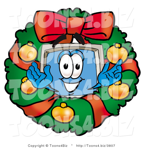 Illustration of a Cartoon Computer Mascot in the Center of a Christmas Wreath