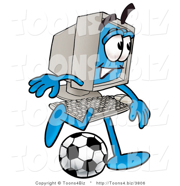 Illustration of a Cartoon Computer Mascot Kicking a Soccer Ball