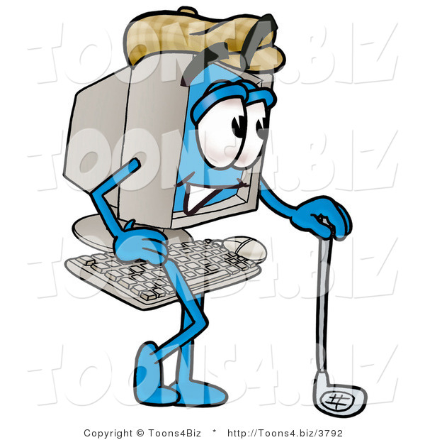 Illustration of a Cartoon Computer Mascot Leaning on a Golf Club While Golfing