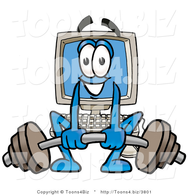 Illustration of a Cartoon Computer Mascot Lifting a Heavy Barbell